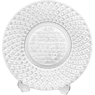 15 cm Taşlı Tabak Ayetli Bereket - Beyaz Gümüş Renk - 