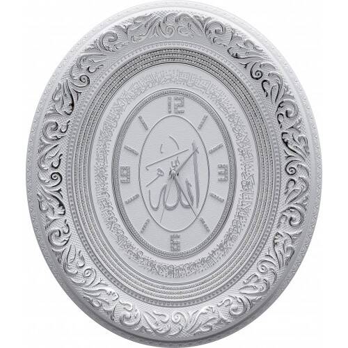 44x51 cm Oval Saat Ayetli Ayet-el Kürsi - Beyaz Gümüş Renk - 1