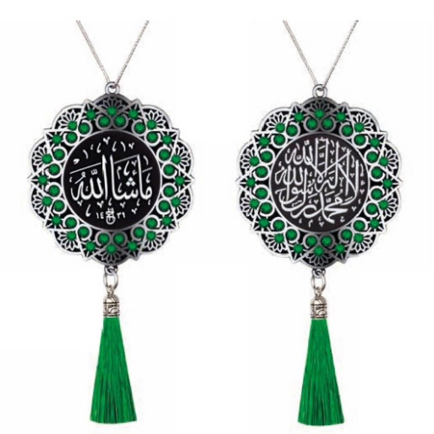 Maskot Ayet Kelime-i Tevhid-Maşallah Yeşil Taşlı Püsküllü - Gümüş Renk - (5'li Paket) - 1