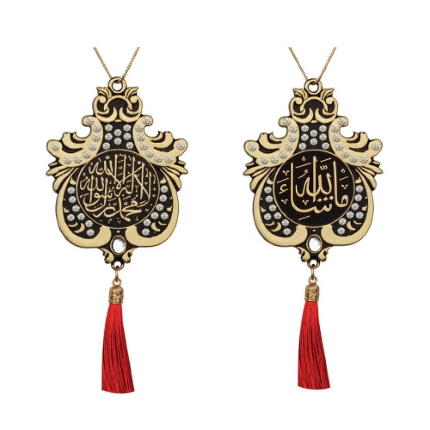 Maskot Büyük Lale Kelime-i Tevhid Maşaallah Kristal Taşlı Püsküllü - Sarı (5'Lİ PAKET) - 1